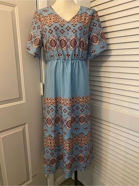 Light Blue Printed V-Neck Midi Dress- Size Large